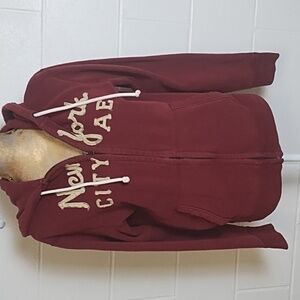 Vintage New York City American Eagle Zip Front Burgundy Soft Hoodie Sweatshirt